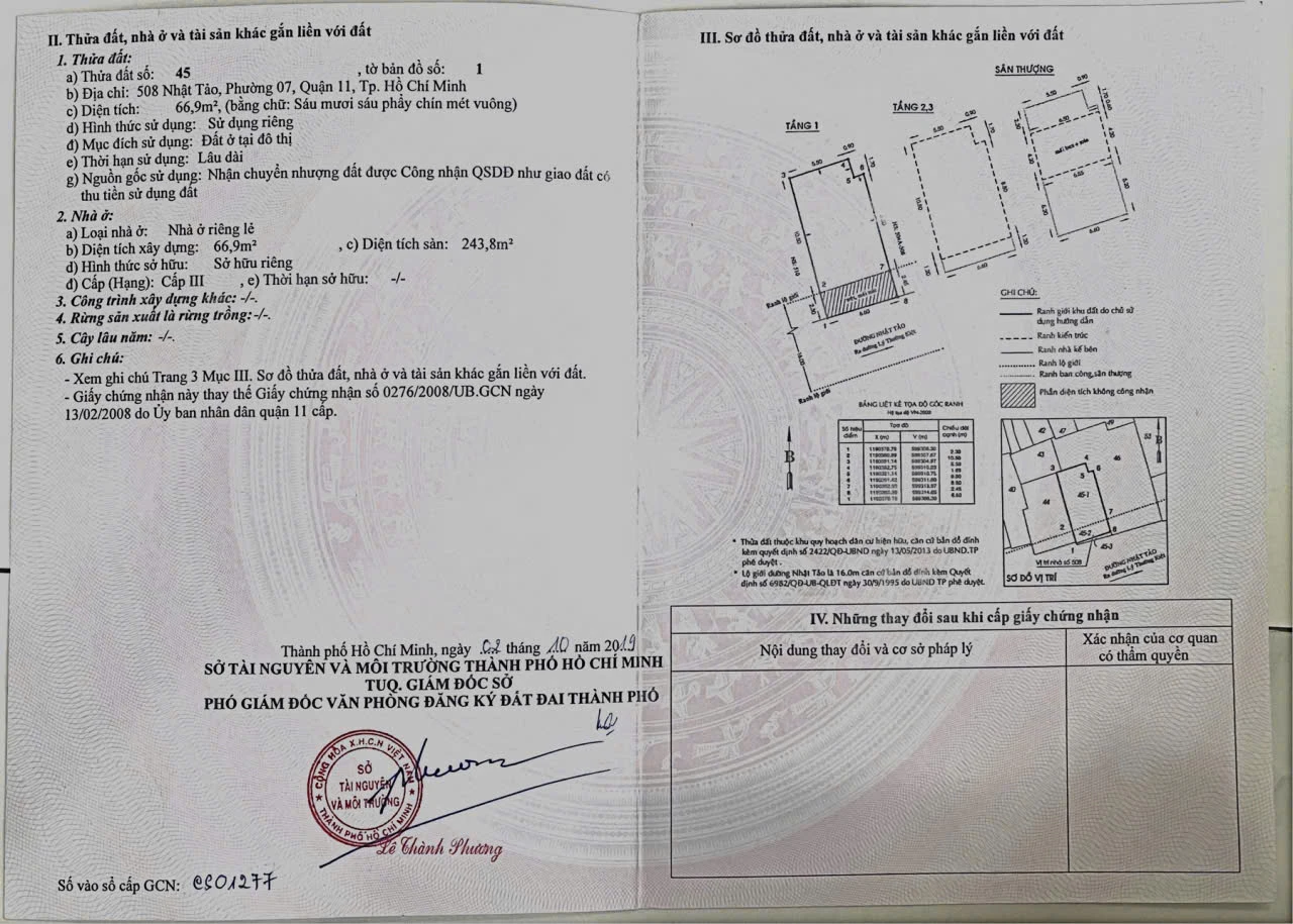 Bán nhà mặt tiền 508 nhật tảo, Phường Minh Phụng, Tp Hồ Chí Minh giá 25 tỷ  200 triệu