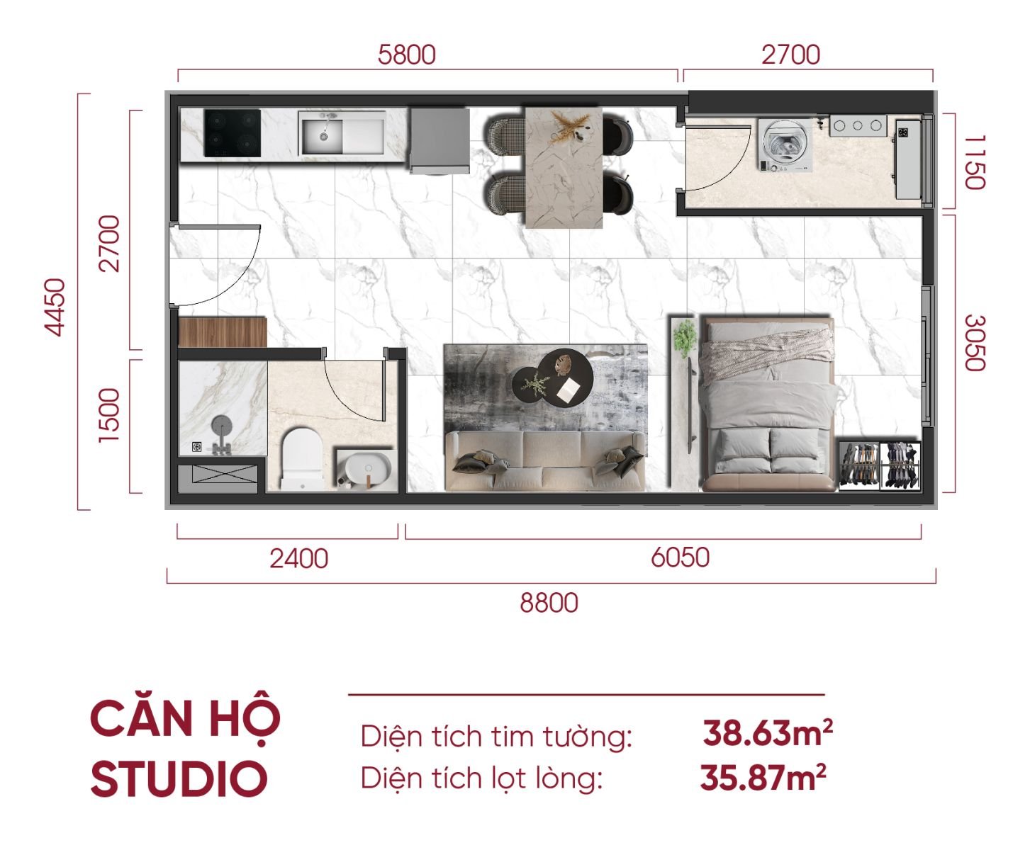Căn hộ Studio Saint Mary Light – 38,63 m²