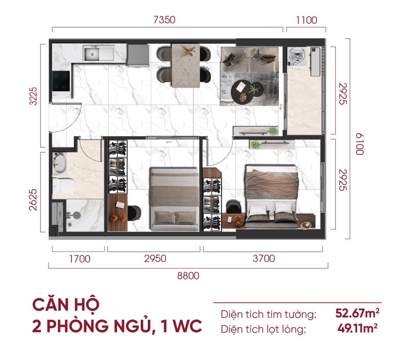 Căn hộ 2 phòng ngủ 1 WC – 52,67 m²