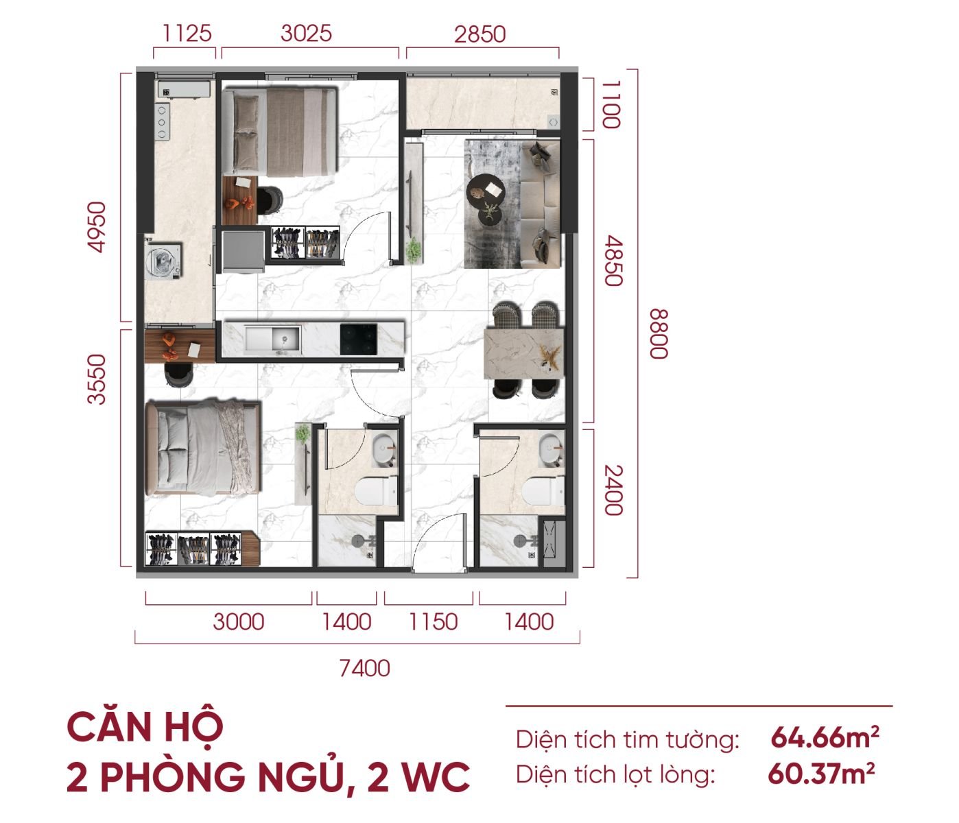 Căn hộ 2 phòng ngủ 2 WC – 64,66 m²