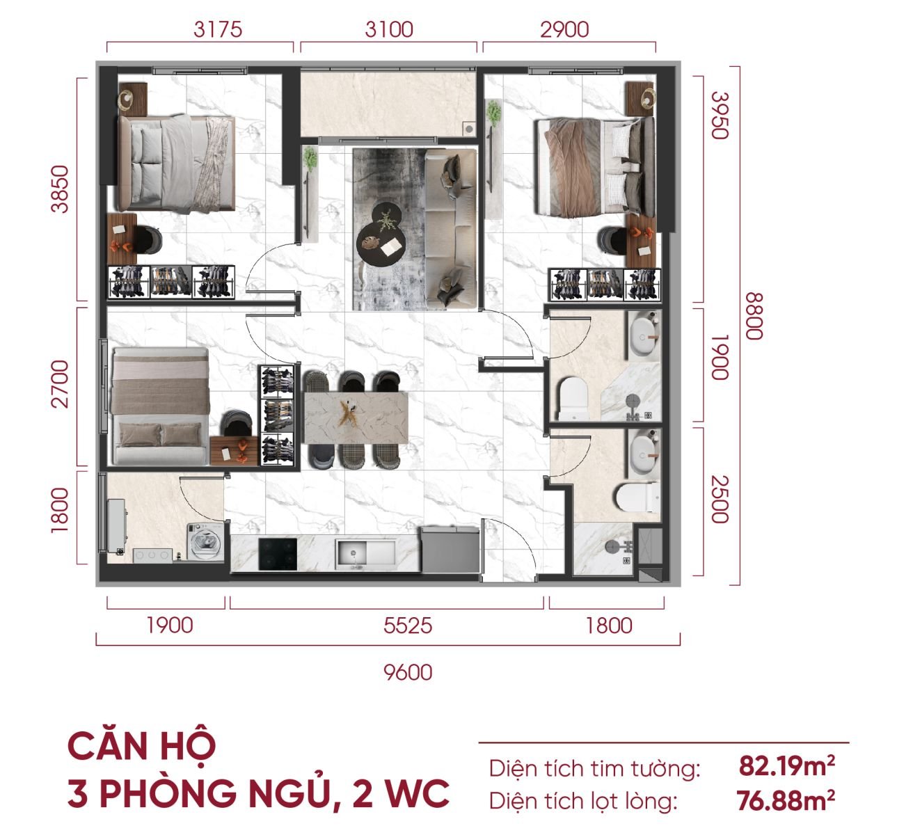 Căn hộ 3 phòng ngủ 2 WC – 82,19 m²