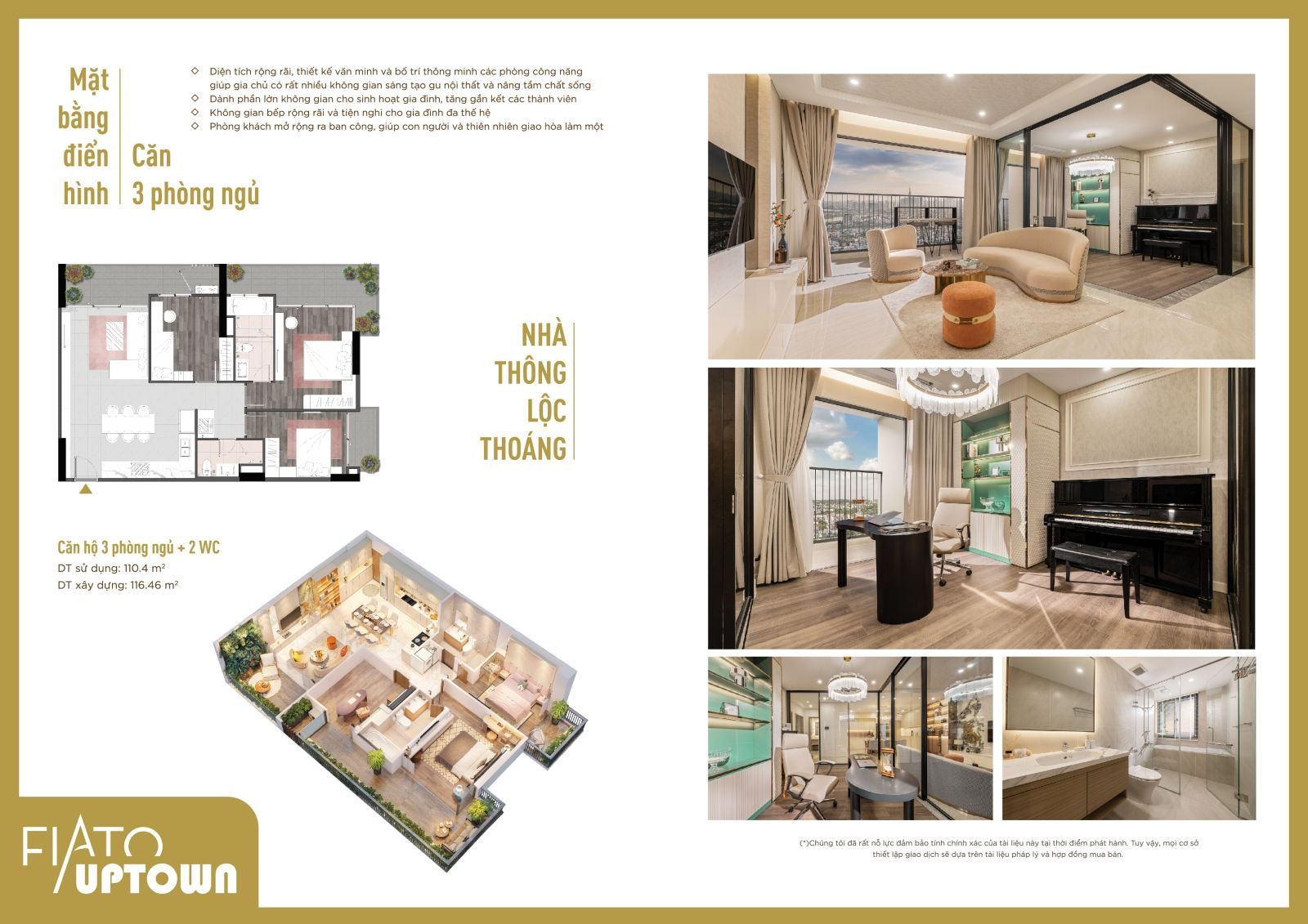 mặt bằng căn hộ 3 phòng ngủ fiato uptown