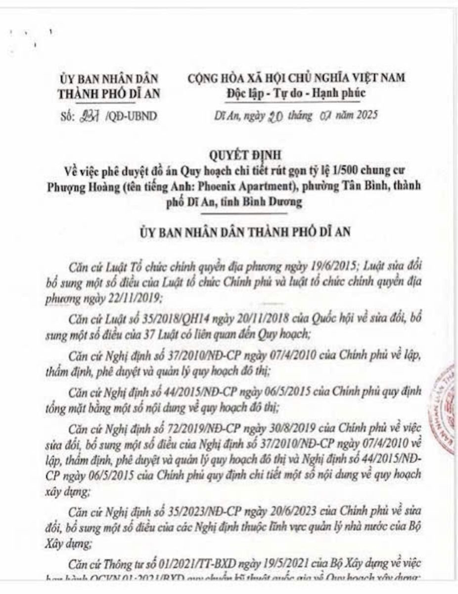 Phê duyệt quy hoạch chi tiết 1/500 Dự án Phoenix Apartment (Fenica) tại Dĩ An